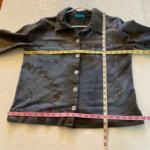Handmade Stencil Tie Dye Jacket Womens Medium Tan Blue 3/4 Sleeve Cotton Knit - Picture 11 of 13